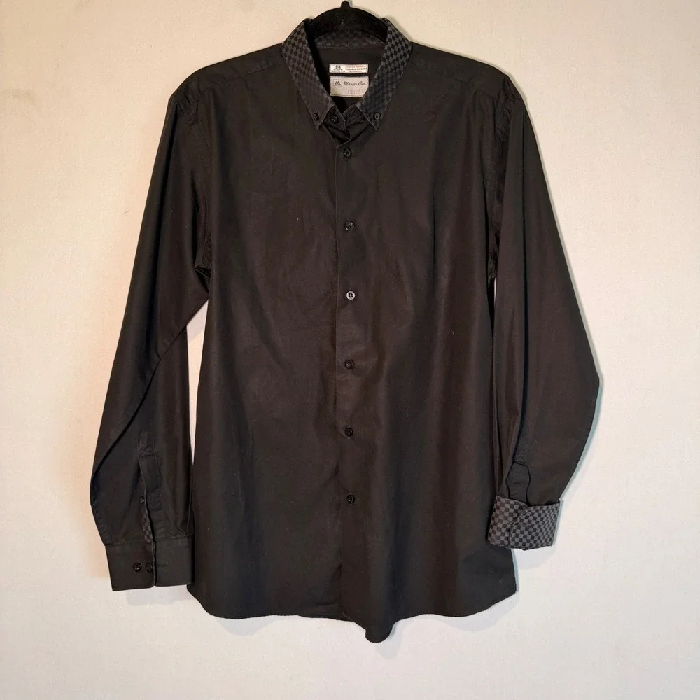 Master Cut Thomas Mason Shirt Mens XL Black Italian Fabric Checkered Trim Luxury